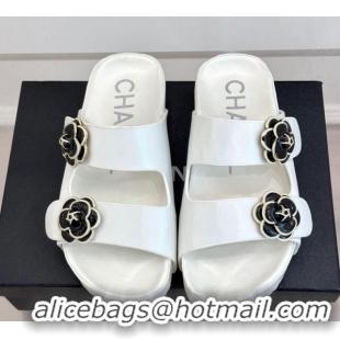 Low Cost Chanel Satin Platform Slides Sandal with Camellia Strap White 2025 CH041707