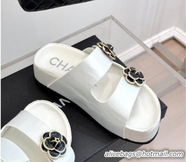 Low Cost Chanel Satin Platform Slides Sandal with Camellia Strap White 2025 CH041707