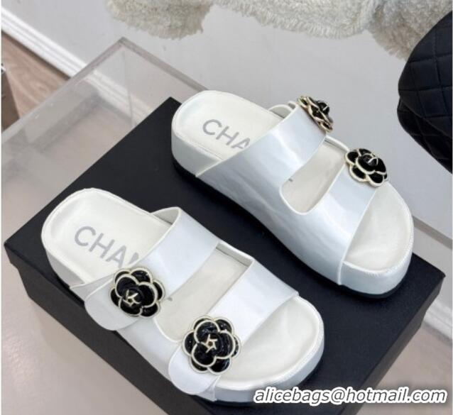 Low Cost Chanel Satin Platform Slides Sandal with Camellia Strap White 2025 CH041707