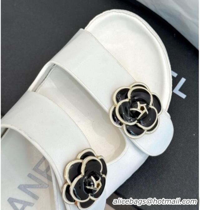 Low Cost Chanel Satin Platform Slides Sandal with Camellia Strap White 2025 CH041707