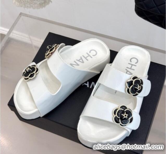 Low Cost Chanel Satin Platform Slides Sandal with Camellia Strap White 2025 CH041707