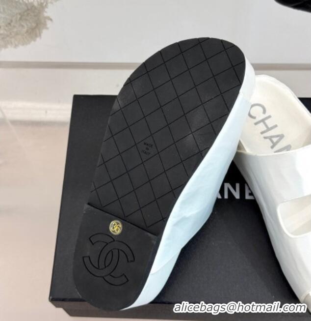 Low Cost Chanel Satin Platform Slides Sandal with Camellia Strap White 2025 CH041707