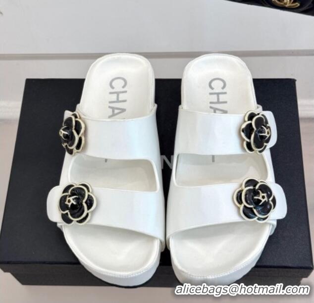 Low Cost Chanel Satin Platform Slides Sandal with Camellia Strap White 2025 CH041707