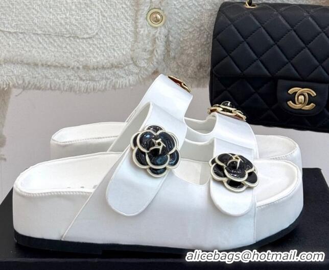 Low Cost Chanel Satin Platform Slides Sandal with Camellia Strap White 2025 CH041707