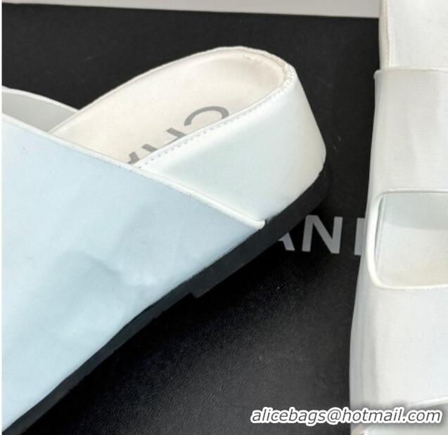 Low Cost Chanel Satin Platform Slides Sandal with Camellia Strap White 2025 CH041707