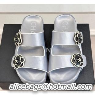 Luxury Discount Chanel Satin Platform Slides Sandal with Camellia Strap Grey 2025 CH041707