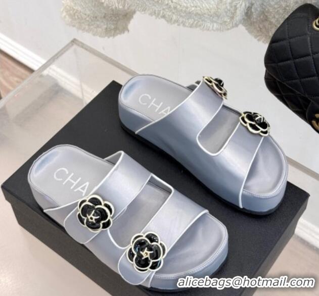 Luxury Discount Chanel Satin Platform Slides Sandal with Camellia Strap Grey 2025 CH041707