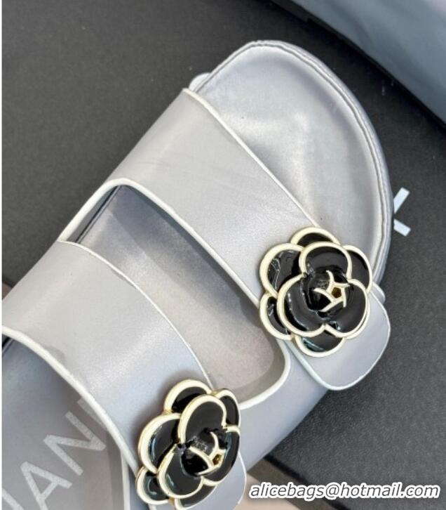 Luxury Discount Chanel Satin Platform Slides Sandal with Camellia Strap Grey 2025 CH041707