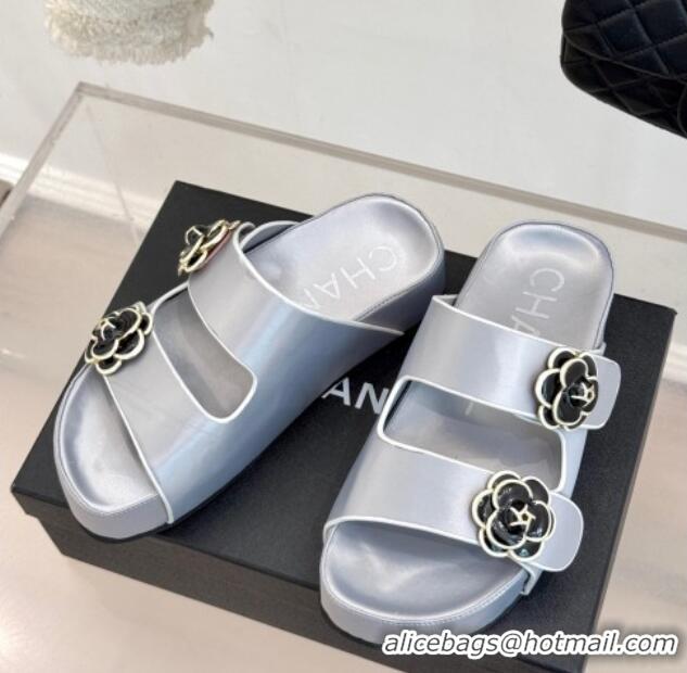 Luxury Discount Chanel Satin Platform Slides Sandal with Camellia Strap Grey 2025 CH041707