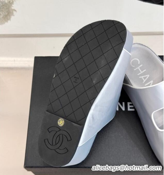 Luxury Discount Chanel Satin Platform Slides Sandal with Camellia Strap Grey 2025 CH041707