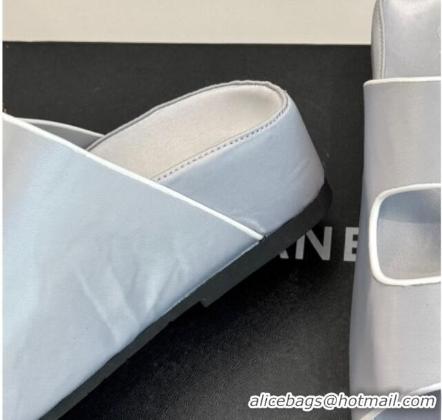 Luxury Discount Chanel Satin Platform Slides Sandal with Camellia Strap Grey 2025 CH041707