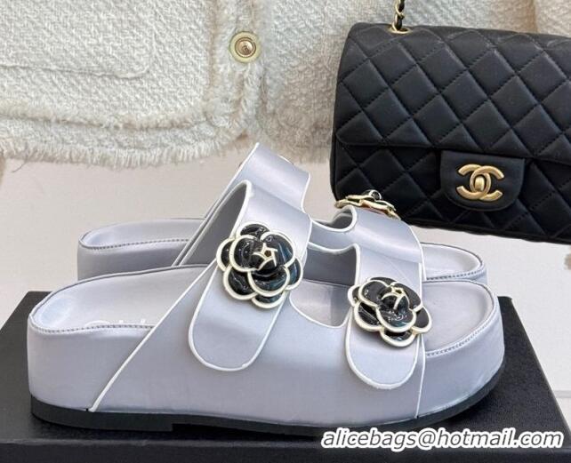 Luxury Discount Chanel Satin Platform Slides Sandal with Camellia Strap Grey 2025 CH041707