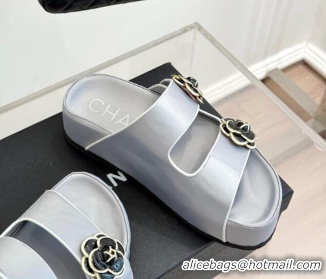 Luxury Discount Chanel Satin Platform Slides Sandal with Camellia Strap Grey 2025 CH041707