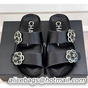 Luxury Chanel Satin Platform Slides Sandal with Camellia Strap Black 2025 CH041707