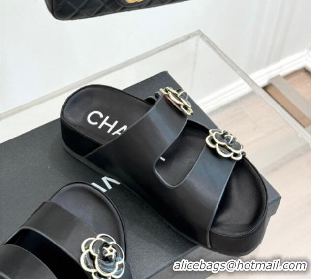 Luxury Chanel Satin Platform Slides Sandal with Camellia Strap Black 2025 CH041707