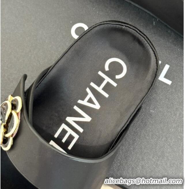 Luxury Chanel Satin Platform Slides Sandal with Camellia Strap Black 2025 CH041707
