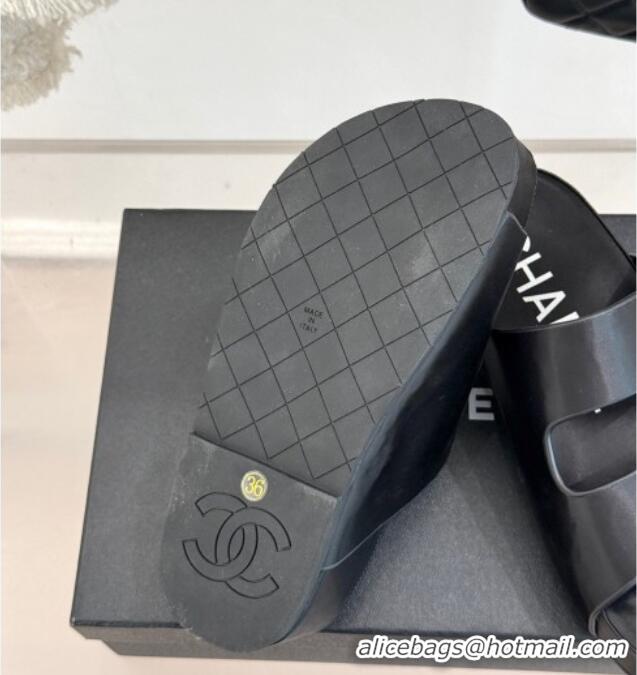 Luxury Chanel Satin Platform Slides Sandal with Camellia Strap Black 2025 CH041707