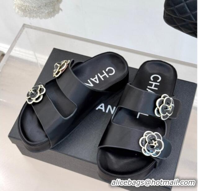 Luxury Chanel Satin Platform Slides Sandal with Camellia Strap Black 2025 CH041707
