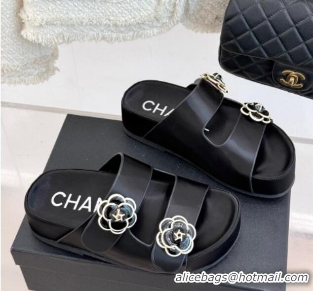 Luxury Chanel Satin Platform Slides Sandal with Camellia Strap Black 2025 CH041707