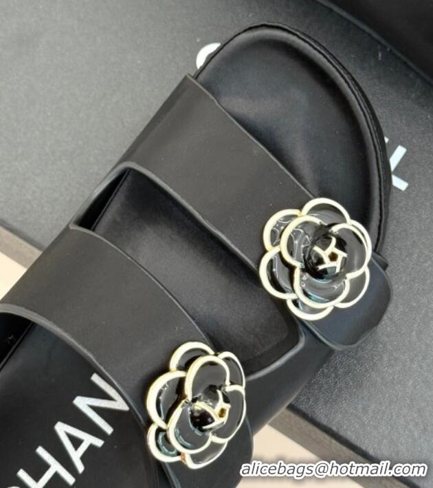 Luxury Chanel Satin Platform Slides Sandal with Camellia Strap Black 2025 CH041707