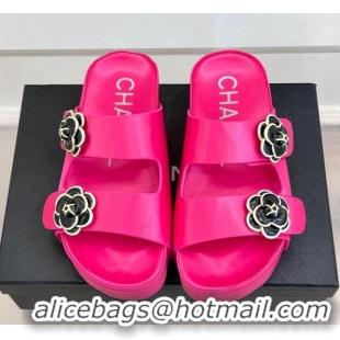 Lower Price Chanel Satin Platform Slides Sandal with Camellia Strap Dark Pink 2025 CH041707