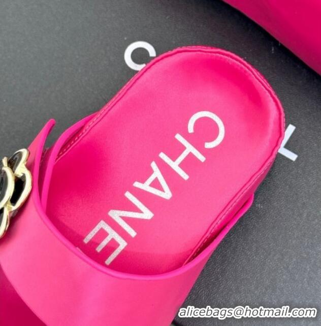 Lower Price Chanel Satin Platform Slides Sandal with Camellia Strap Dark Pink 2025 CH041707