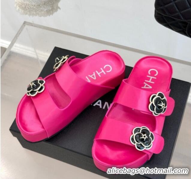 Lower Price Chanel Satin Platform Slides Sandal with Camellia Strap Dark Pink 2025 CH041707