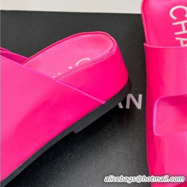 Lower Price Chanel Satin Platform Slides Sandal with Camellia Strap Dark Pink 2025 CH041707