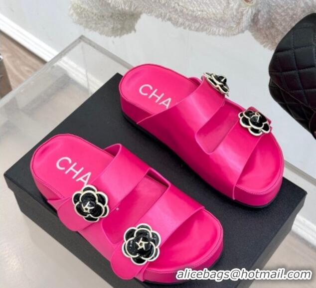 Lower Price Chanel Satin Platform Slides Sandal with Camellia Strap Dark Pink 2025 CH041707