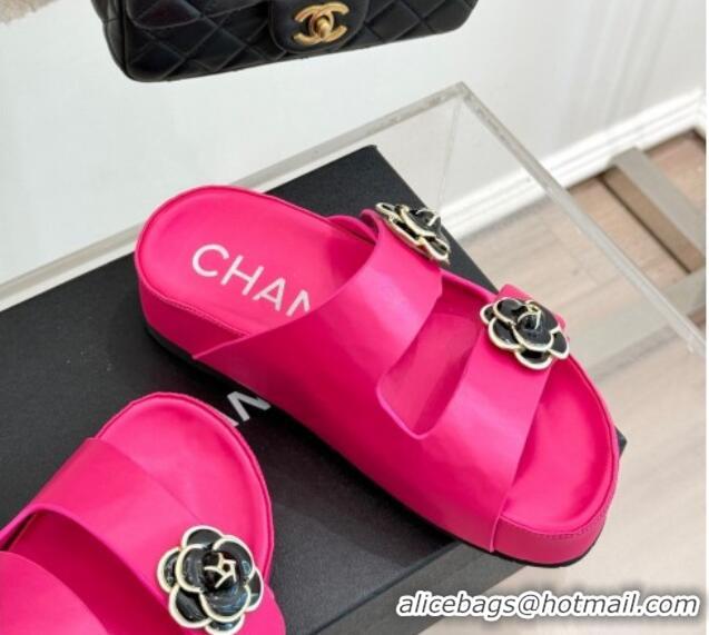 Lower Price Chanel Satin Platform Slides Sandal with Camellia Strap Dark Pink 2025 CH041707