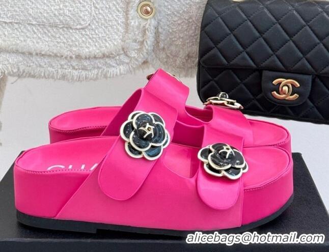 Lower Price Chanel Satin Platform Slides Sandal with Camellia Strap Dark Pink 2025 CH041707