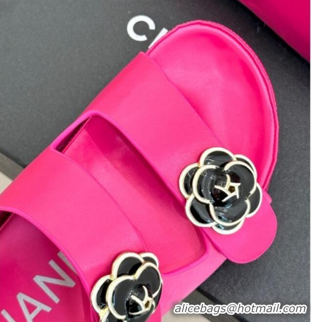 Lower Price Chanel Satin Platform Slides Sandal with Camellia Strap Dark Pink 2025 CH041707