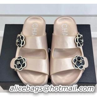Classic Chanel Satin Platform Slides Sandal with Camellia Strap Nude 2025 CH041707