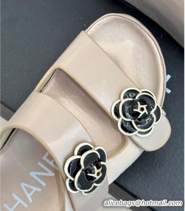 Classic Chanel Satin Platform Slides Sandal with Camellia Strap Nude 2025 CH041707