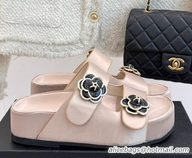Classic Chanel Satin Platform Slides Sandal with Camellia Strap Nude 2025 CH041707