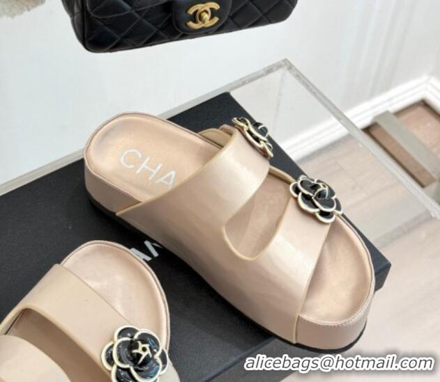 Classic Chanel Satin Platform Slides Sandal with Camellia Strap Nude 2025 CH041707