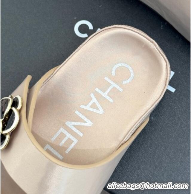 Classic Chanel Satin Platform Slides Sandal with Camellia Strap Nude 2025 CH041707