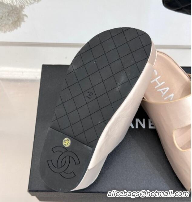Classic Chanel Satin Platform Slides Sandal with Camellia Strap Nude 2025 CH041707