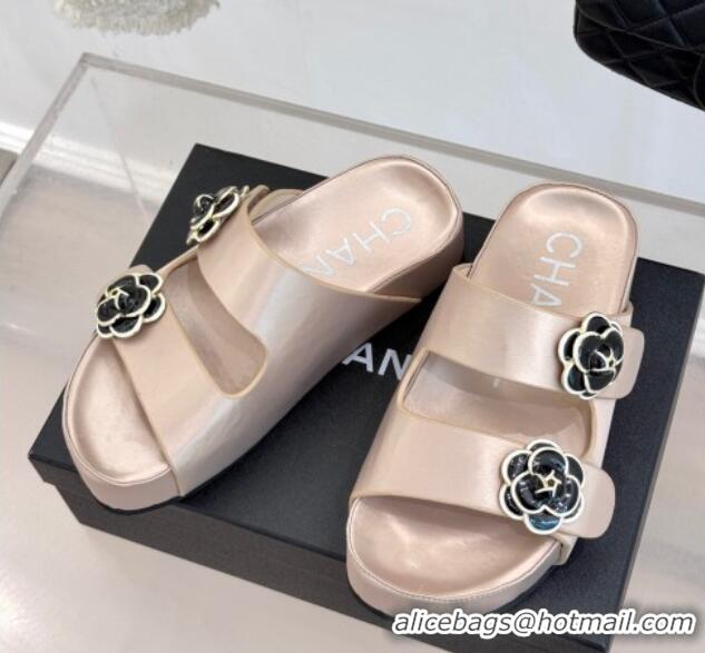 Classic Chanel Satin Platform Slides Sandal with Camellia Strap Nude 2025 CH041707