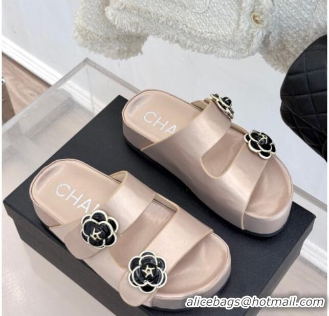 Classic Chanel Satin Platform Slides Sandal with Camellia Strap Nude 2025 CH041707