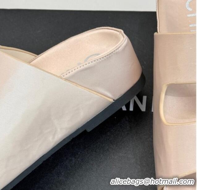 Classic Chanel Satin Platform Slides Sandal with Camellia Strap Nude 2025 CH041707