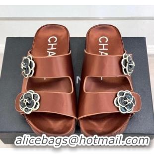 Most Popular Chanel Satin Platform Slides Sandal with Camellia Strap Brown 2025 CH041707