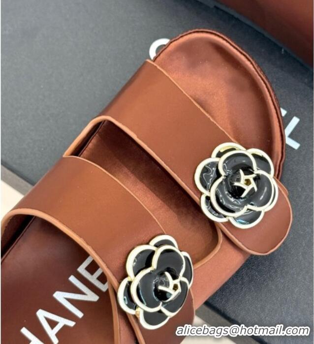 Most Popular Chanel Satin Platform Slides Sandal with Camellia Strap Brown 2025 CH041707