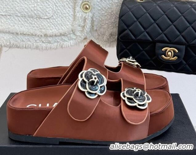 Most Popular Chanel Satin Platform Slides Sandal with Camellia Strap Brown 2025 CH041707