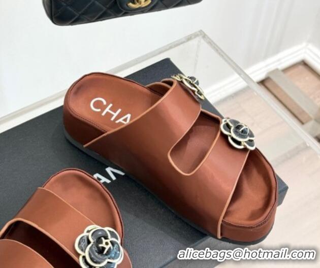 Most Popular Chanel Satin Platform Slides Sandal with Camellia Strap Brown 2025 CH041707