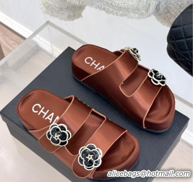 Most Popular Chanel Satin Platform Slides Sandal with Camellia Strap Brown 2025 CH041707