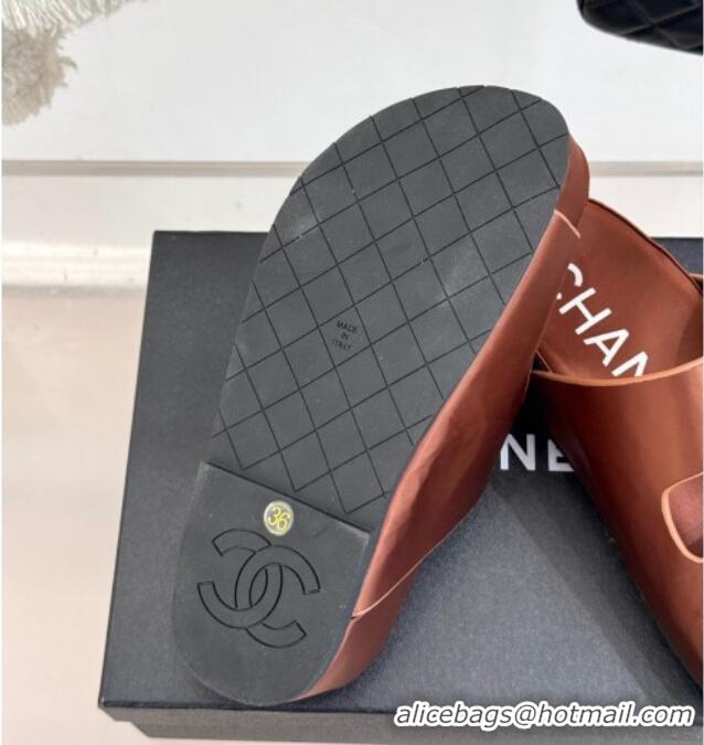 Most Popular Chanel Satin Platform Slides Sandal with Camellia Strap Brown 2025 CH041707