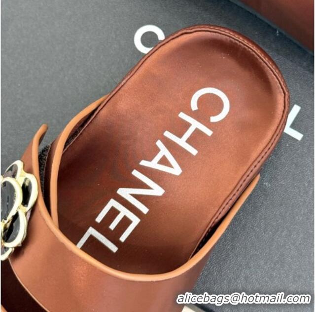 Most Popular Chanel Satin Platform Slides Sandal with Camellia Strap Brown 2025 CH041707