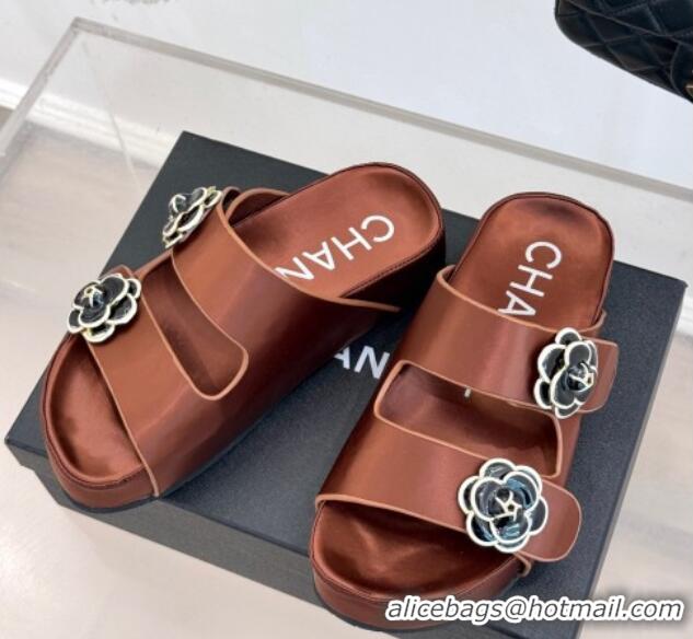 Most Popular Chanel Satin Platform Slides Sandal with Camellia Strap Brown 2025 CH041707