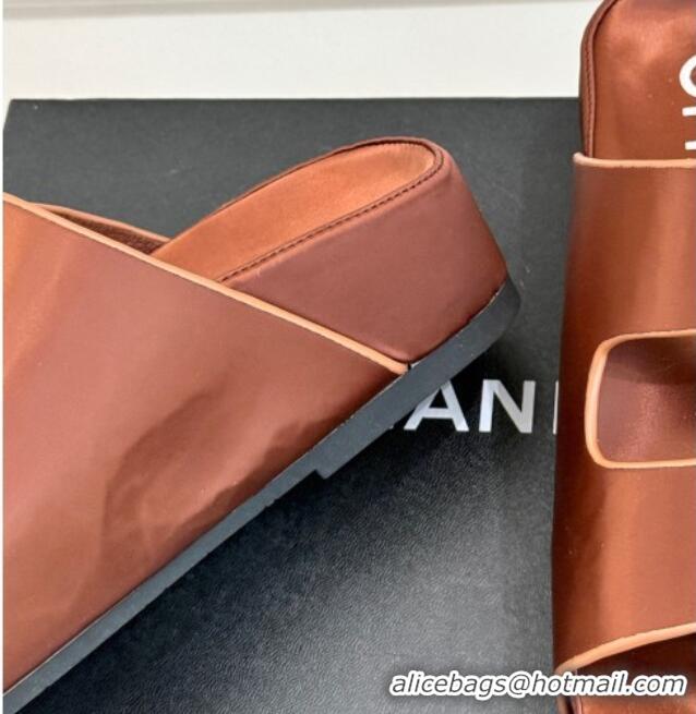 Most Popular Chanel Satin Platform Slides Sandal with Camellia Strap Brown 2025 CH041707